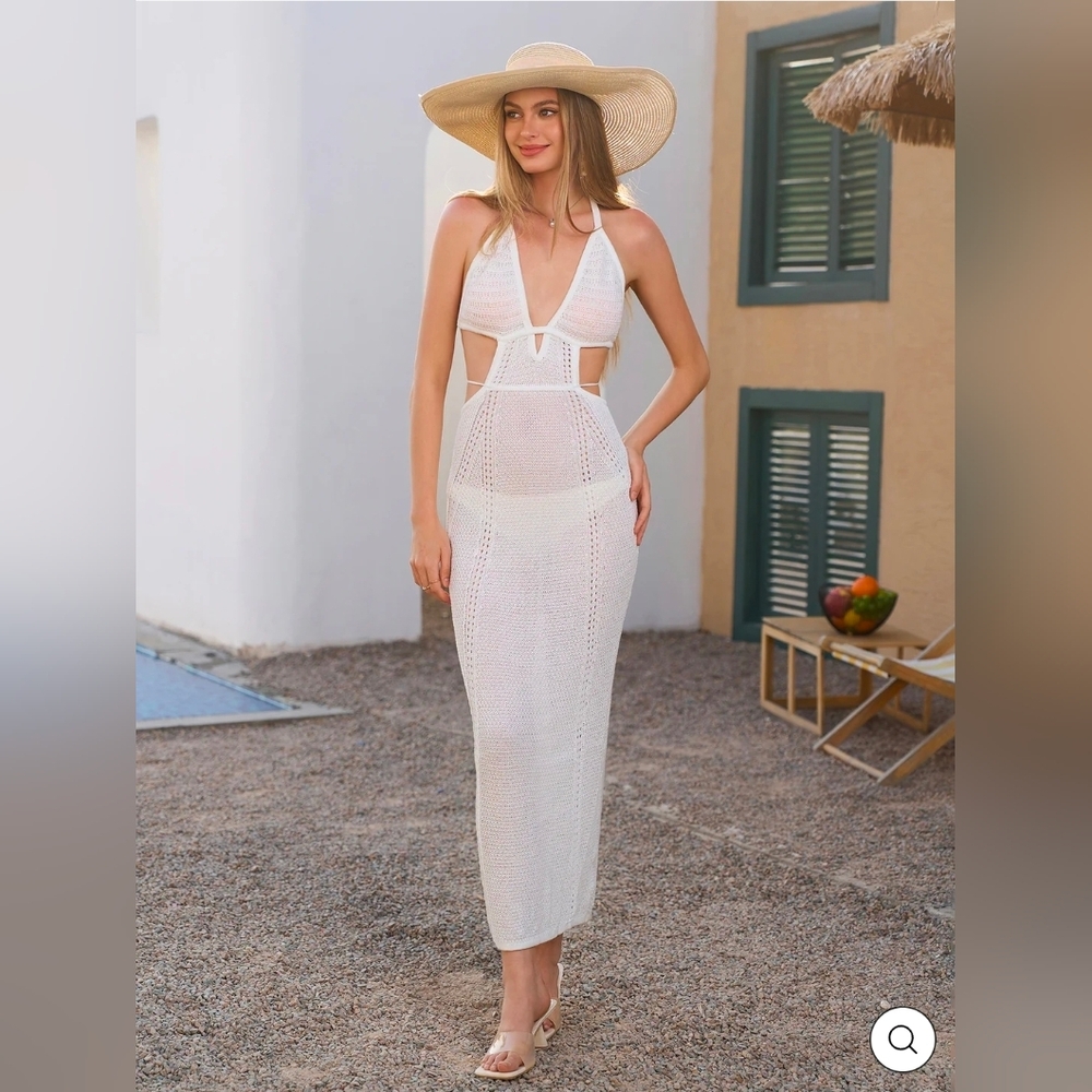 Parthea Cut Out Tie Backless Halter Neck Sweater Dress - White